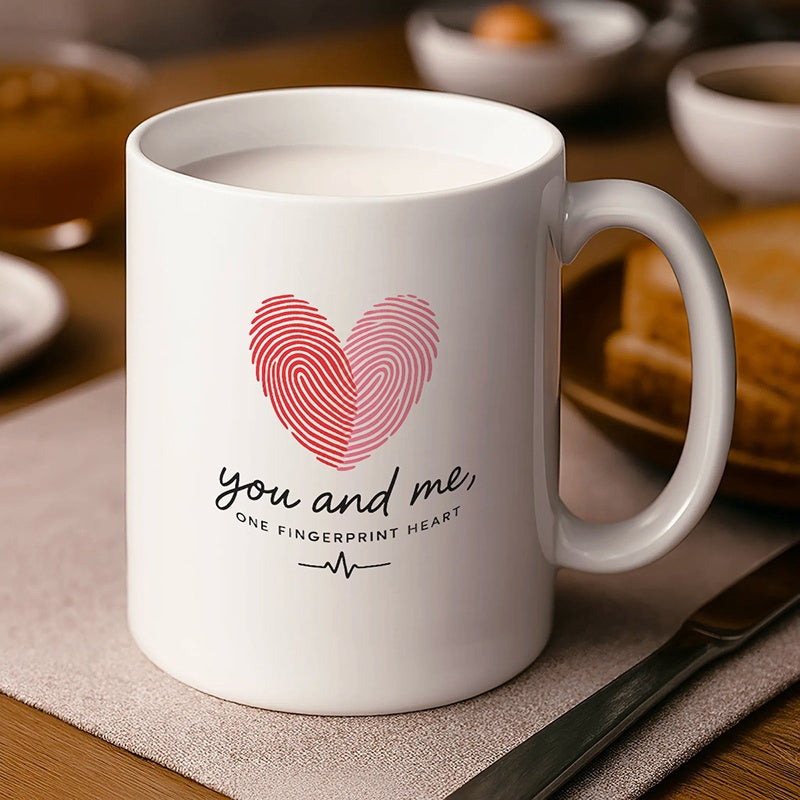Tailorly White Ceramic 11 oz Mug - romantic you me couple mug heart fingerprint
