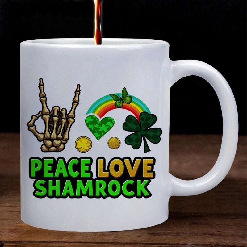 Tailorly White Ceramic 11 oz Mug - shamrock， skeleton hand， rainbow