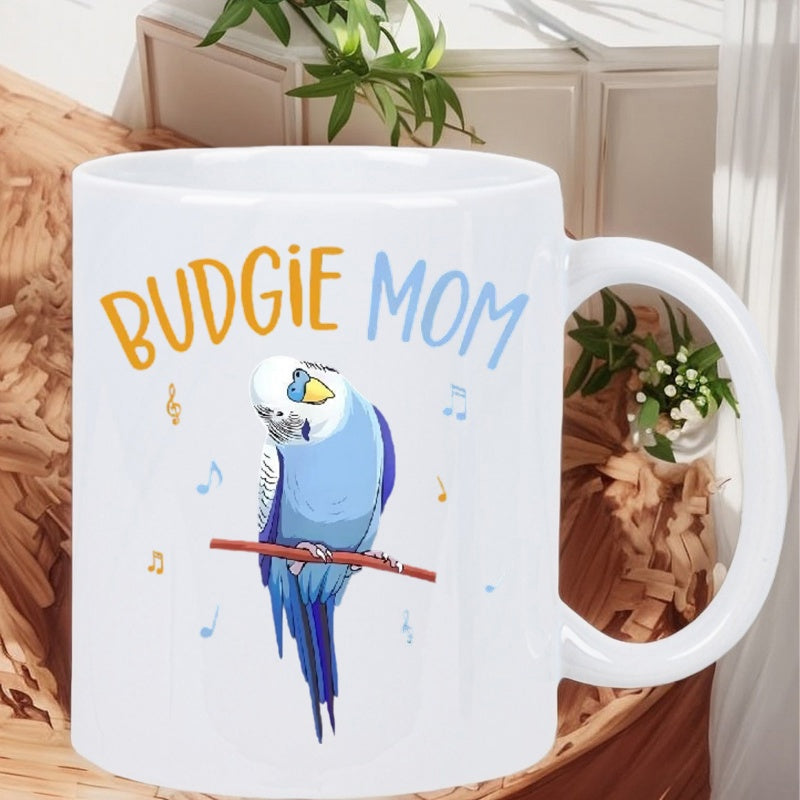 Tailorly White Ceramic 11 oz Mug - whimsical budgie with musical notes and budgie perch