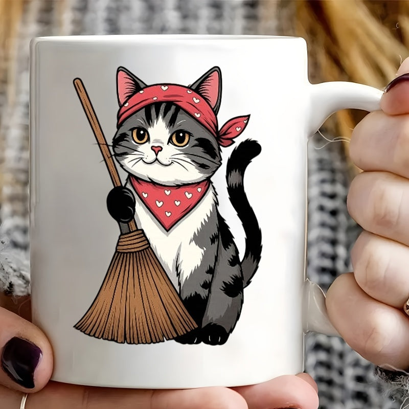 Tailorly White Ceramic 11 oz Mug - whimsical cat broom