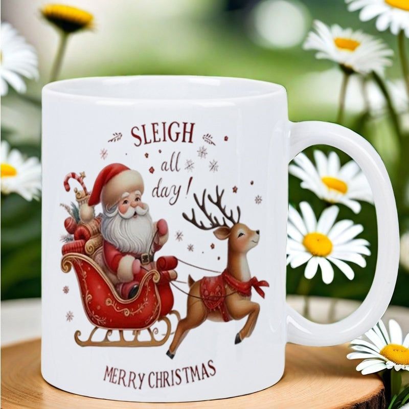 Tailorly White Ceramic 11 oz Mug - sleigh reindeer santa