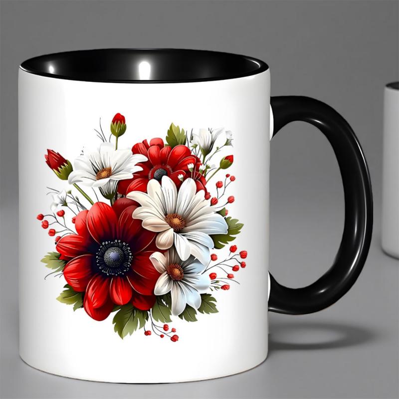 Tailorly Black Accent 11 oz Mug - Poppy Daisy Pattern