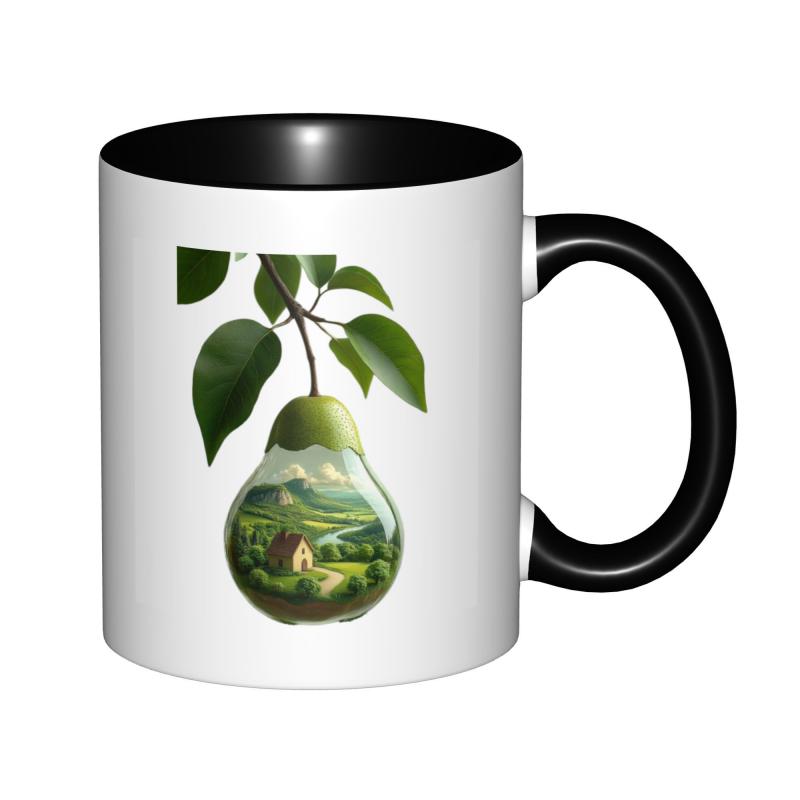 Tailorly Black Accent 11 oz Mug - miniature cottage river landscape green pear