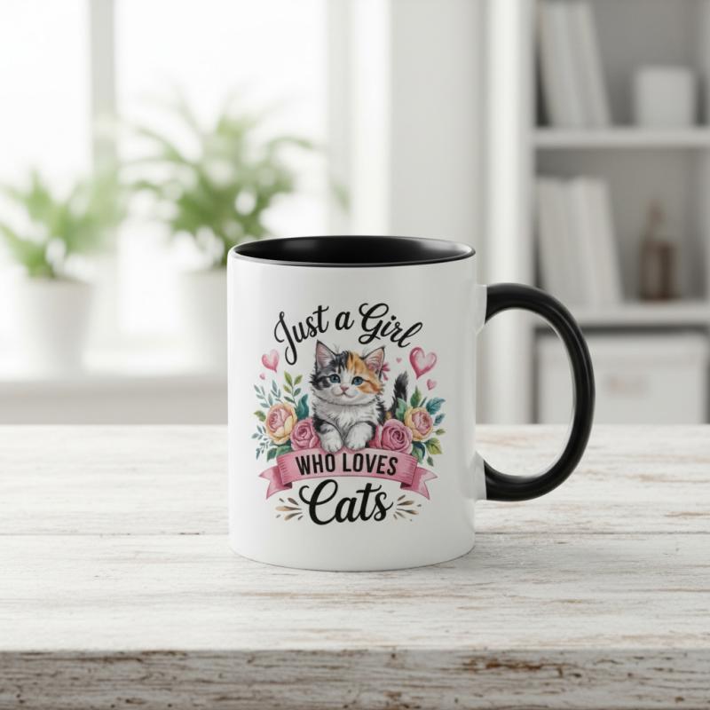 Tailorly Black Accent 11 oz Mug - cats， two tone， cute cat