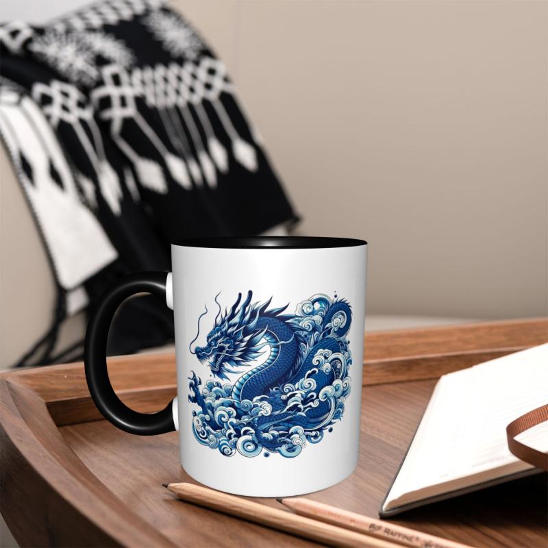 Tailorly Black Accent 11 oz Mug - blue dragon， clouds， waves