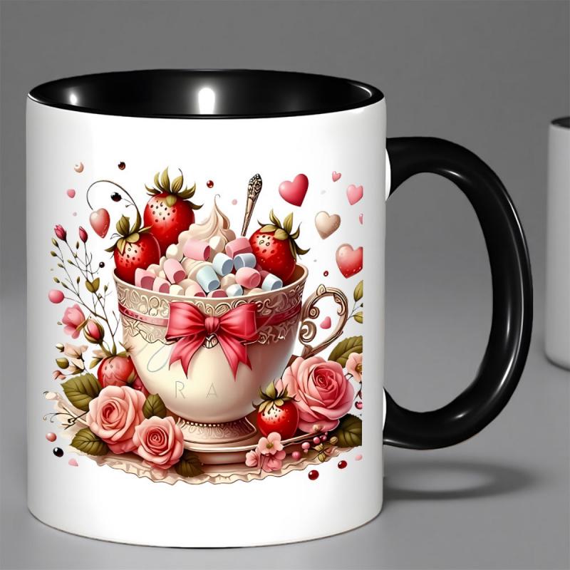 Tailorly Black Accent 11 oz Mug - Strawberry and rose design