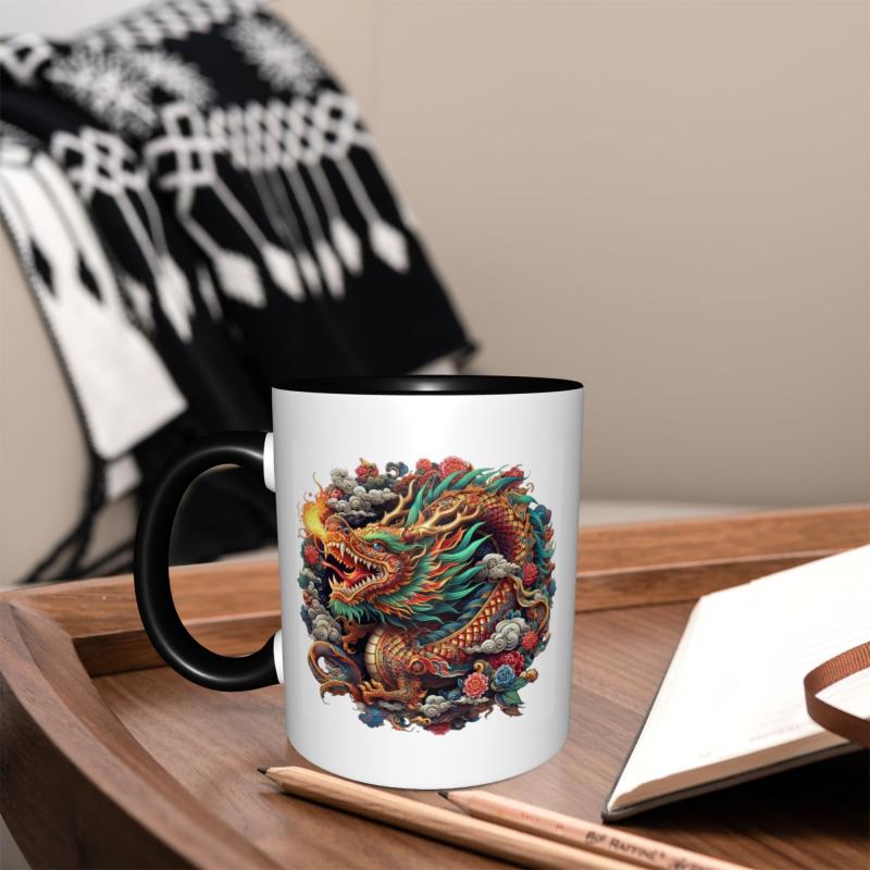 Tailorly Black Accent 11 oz Mug - red breathing fire with peony flowers