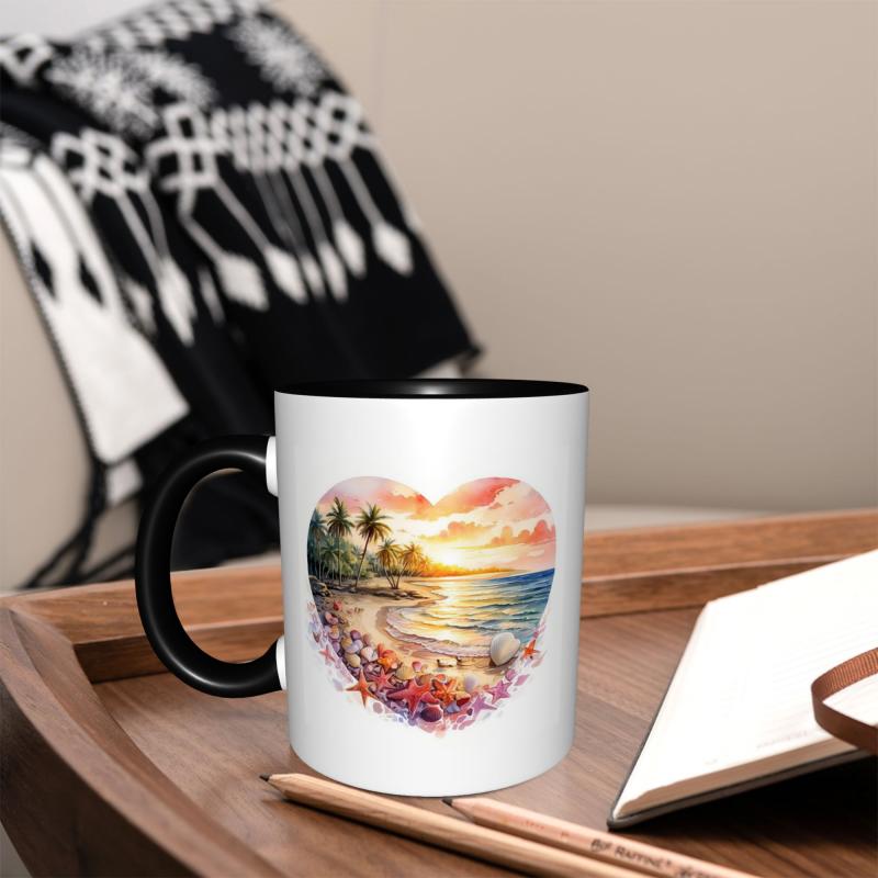 Tailorly Black Accent 11 oz Mug - heart shaped beach sunset
