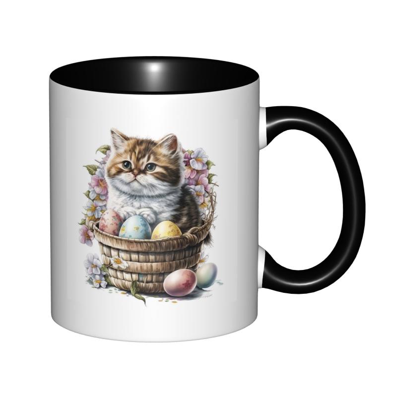 Tailorly Black Accent 11 oz Mug - brown white cat in basket with bloom and egg art