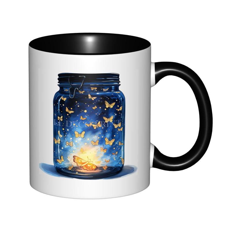 Tailorly Black Accent 11 oz Mug - luminous butterflies inside a glass jar
