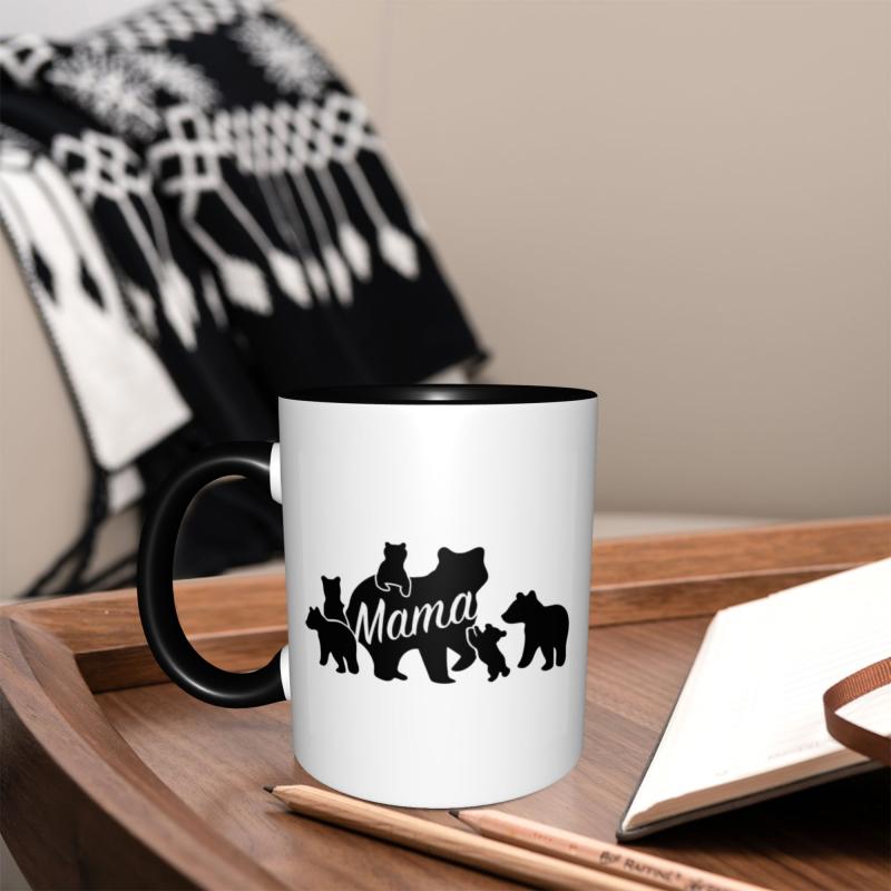 Tailorly Black Accent 11 oz Mug - mama bear silhouette five in black and white silhouette