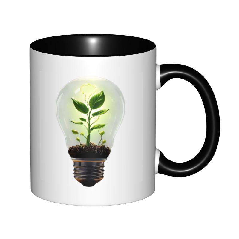Tailorly Black Accent 11 oz Mug - small green plant growing in light bulb with soil