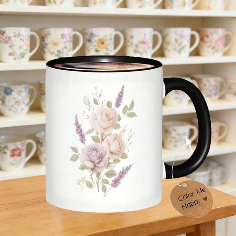 Tailorly Black Accent 11 oz Mug - A Beautifully Designed Ceramic Coffee Mug Featuring And Purple Lavender Tea Milk Or Water. This Reusable Cup a