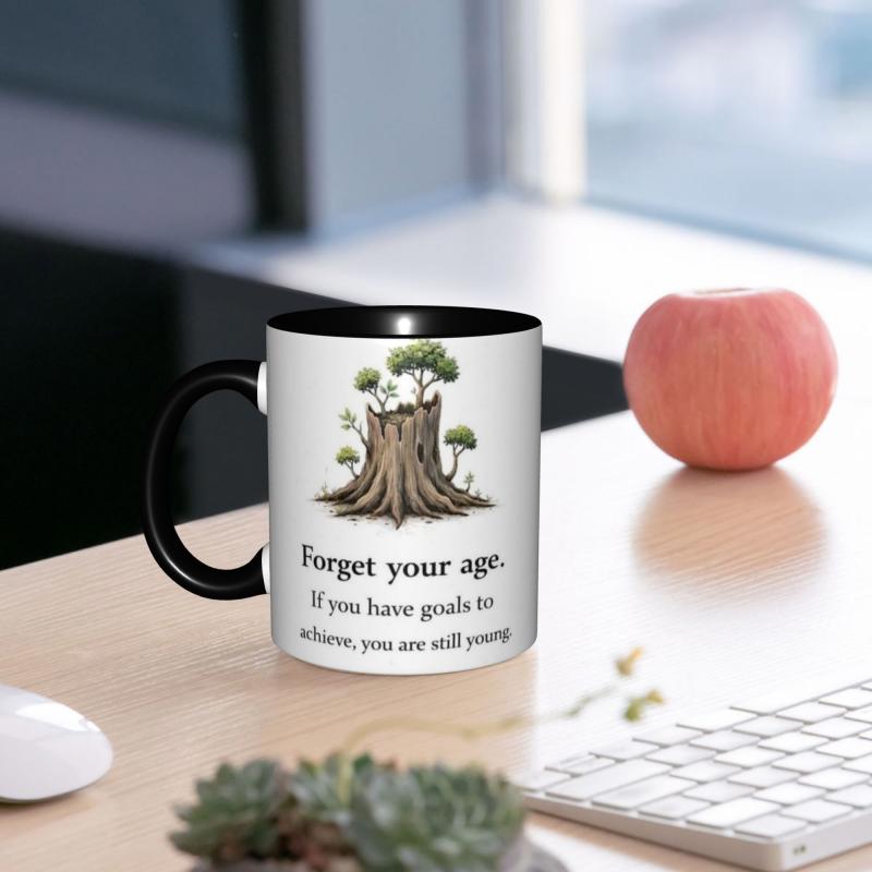 Tailorly Black Accent 11 oz Mug - owl holding red tree stump with coffee cup warm cozy illustration