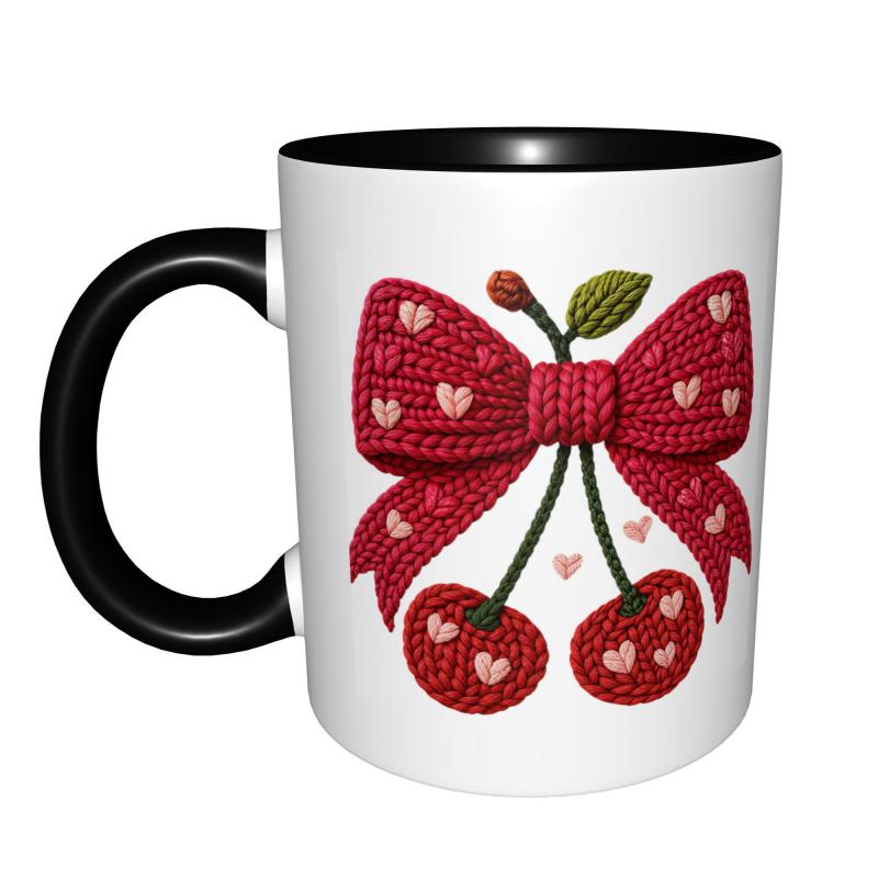 Tailorly Black Accent 11 oz Mug - knitted cherry bow