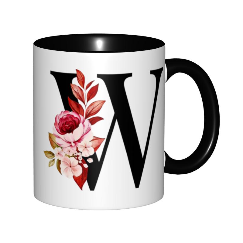 Tailorly Black Accent 11 oz Mug - monogram letter w with floral print
