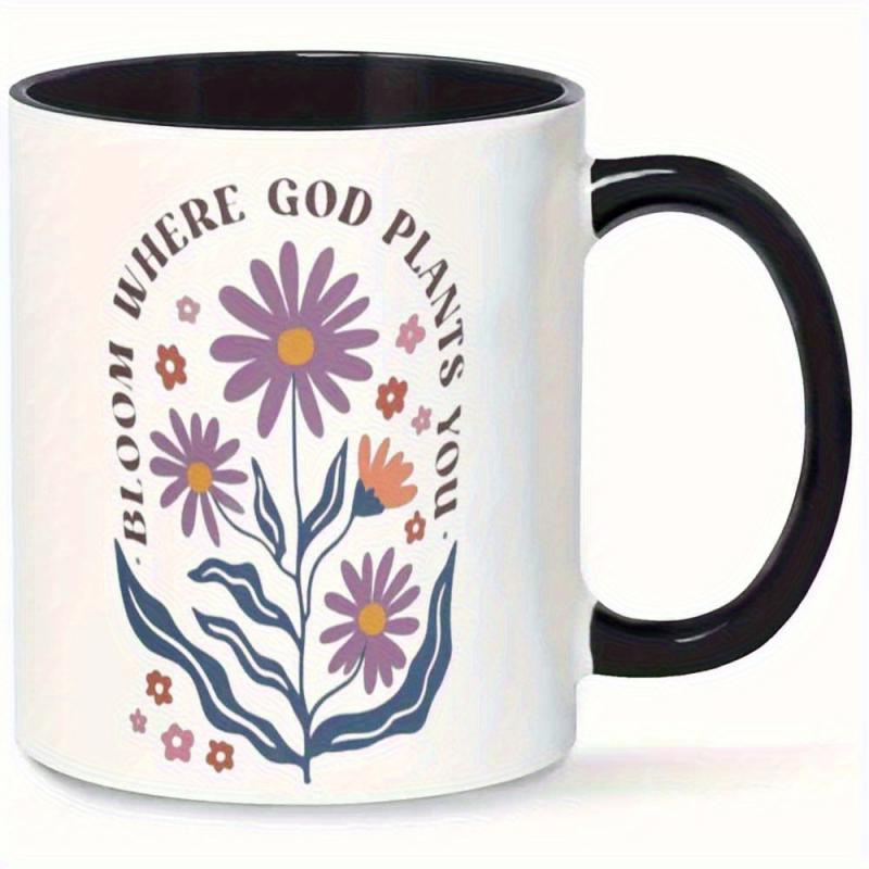 Tailorly Black Accent 11 oz Mug - Where God Planted text with Purple Orange Pink Blue Yellow Flowers