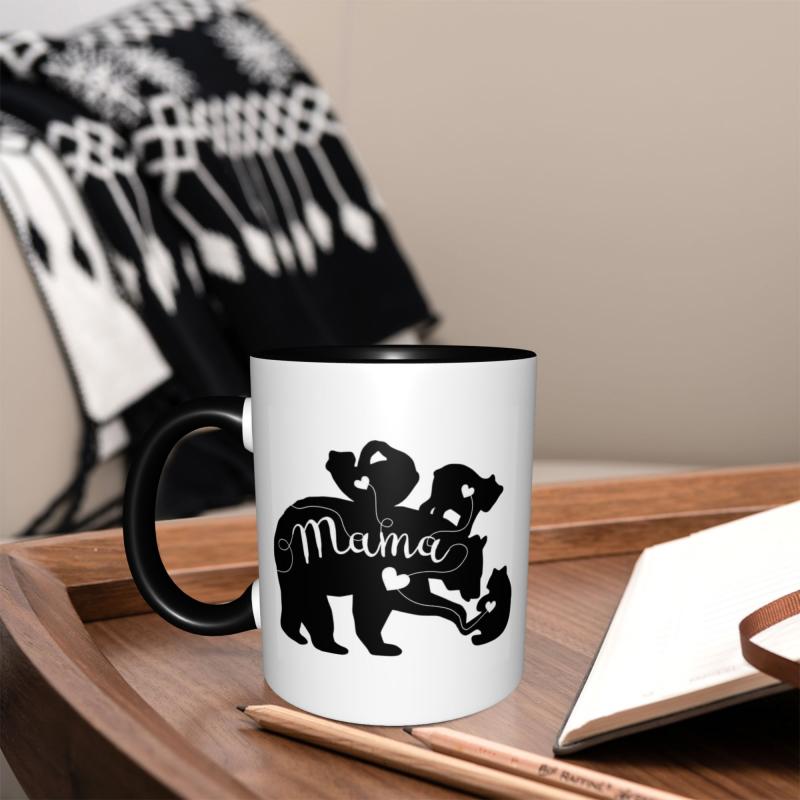Tailorly Black Accent 11 oz Mug - mama bear family silhouette with four connection