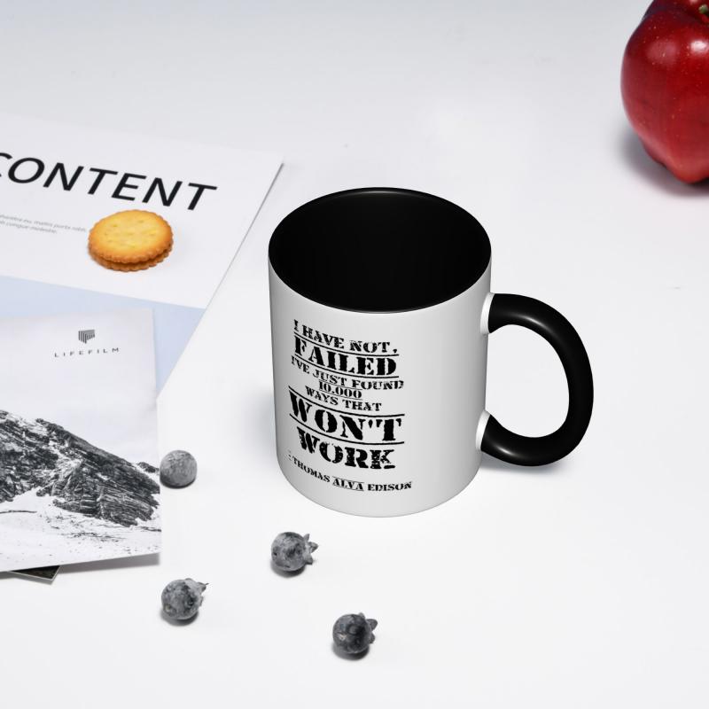 Tailorly Black Accent 11 oz Mug - quote "i have not failed 10，000 ways that work" distressed stamp