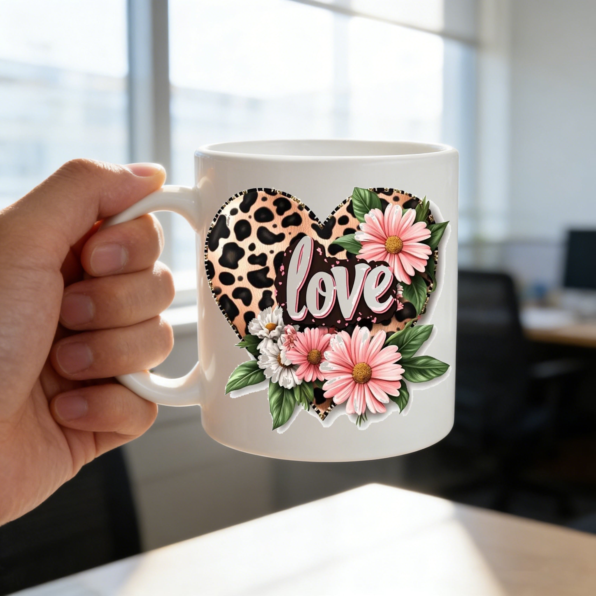 Tailorly White Ceramic 11 oz Mug - leopard patterned heart and daisy coffee cup