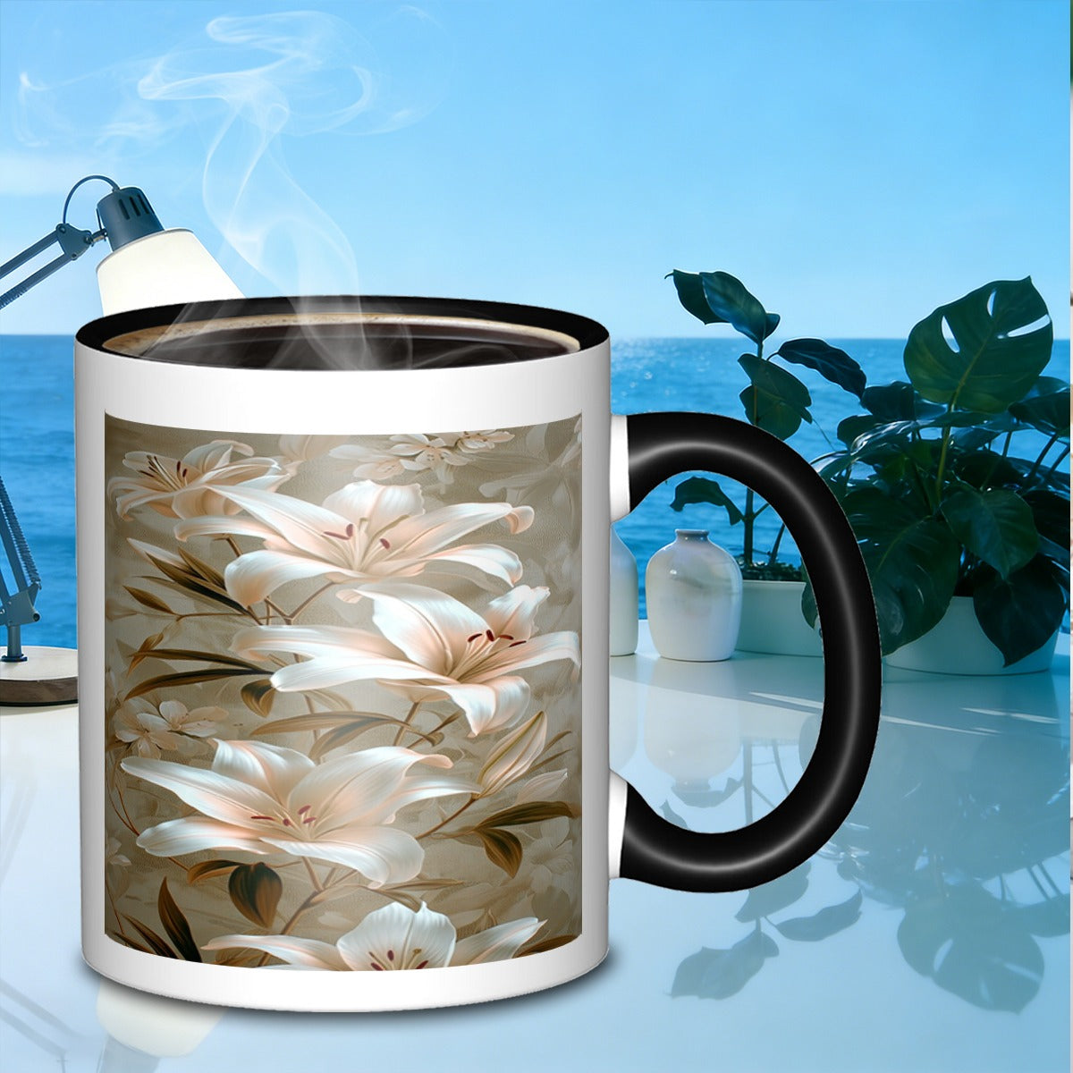 Tailorly Black Accent 11 oz Mug - white lilies