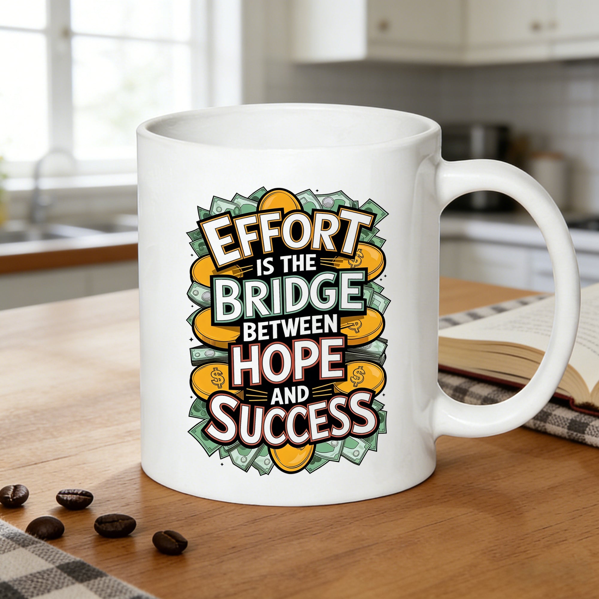 Tailorly White Ceramic 11 oz Mug - motivational money design with text "is between and success"