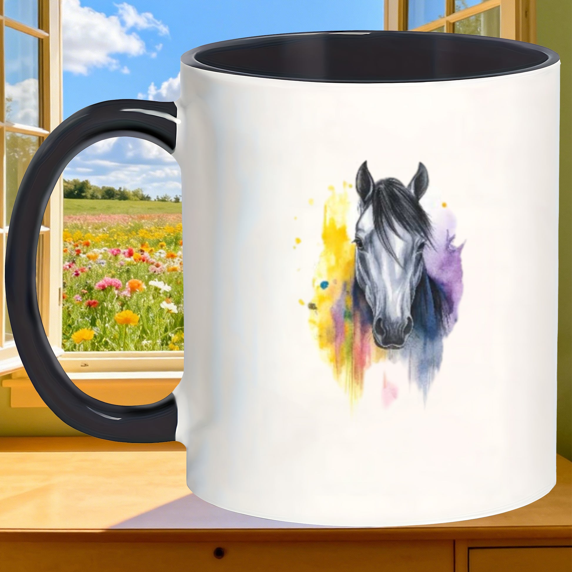 Tailorly Black Accent 11 oz Mug - festive chic glazed horse watercolor