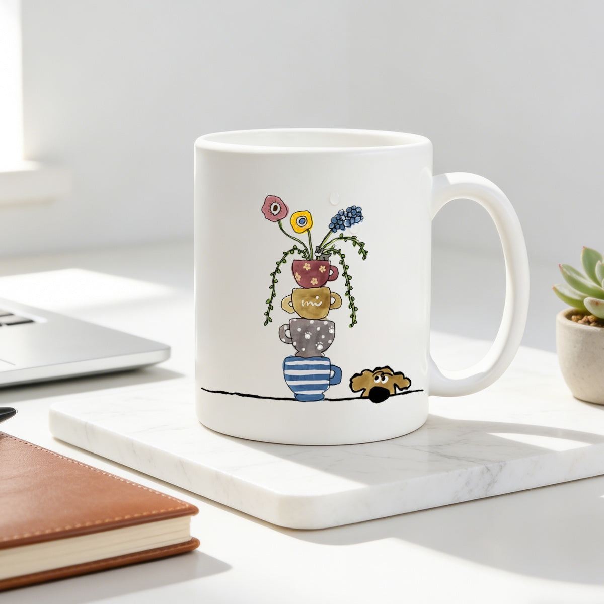 Tailorly White Ceramic 11 oz Mug - stacked teacup flowers