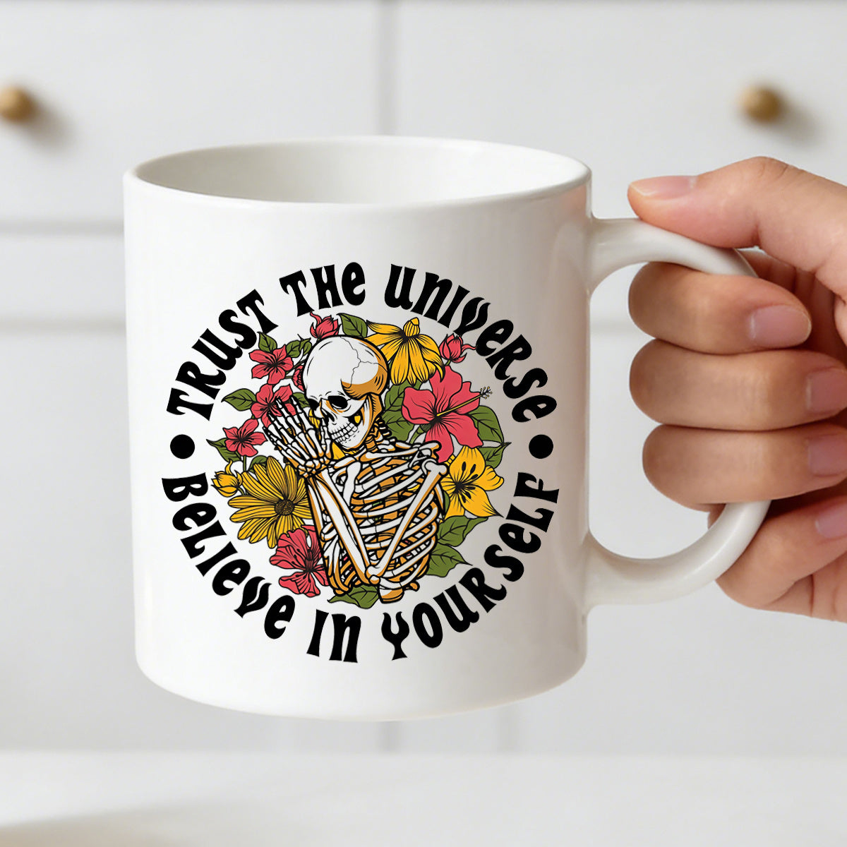 Tailorly White Ceramic 11 oz Mug - skeleton floral motivational believe in yourself gothic skeleton