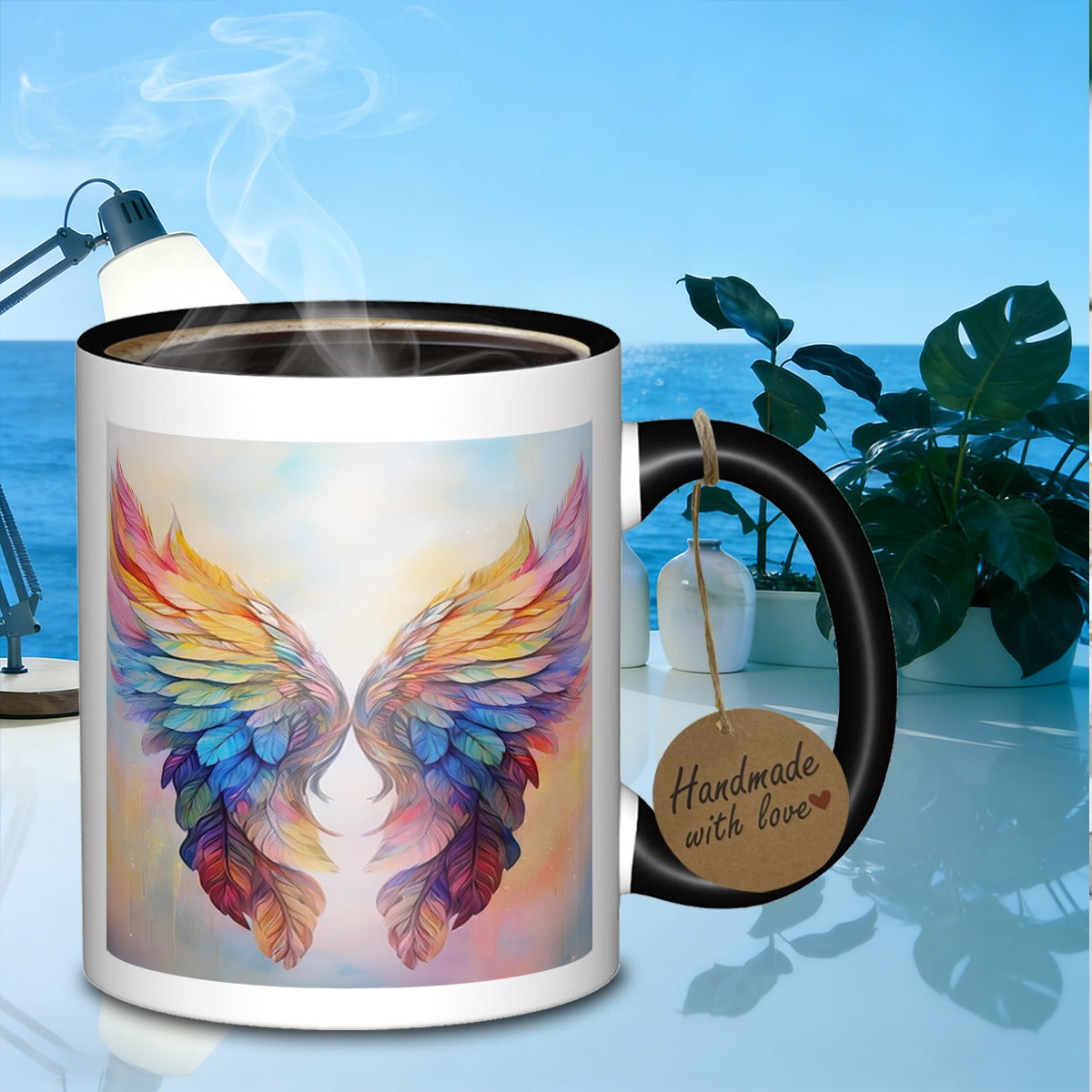 Tailorly Black Accent 11 oz Mug - colorful feather wings