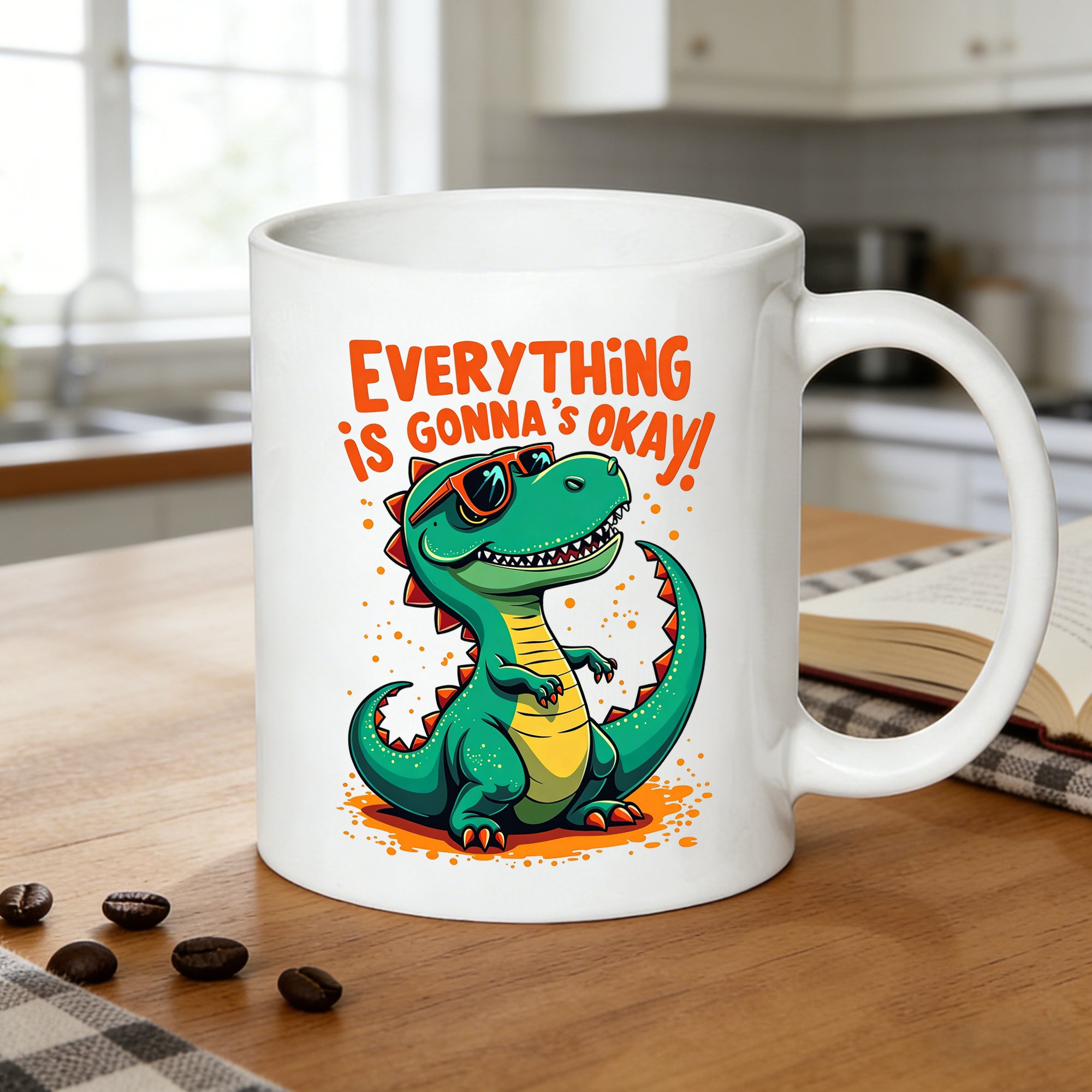 Tailorly White Ceramic 11 oz Mug - everything is gonna's okay text， t rex， fashion glasses