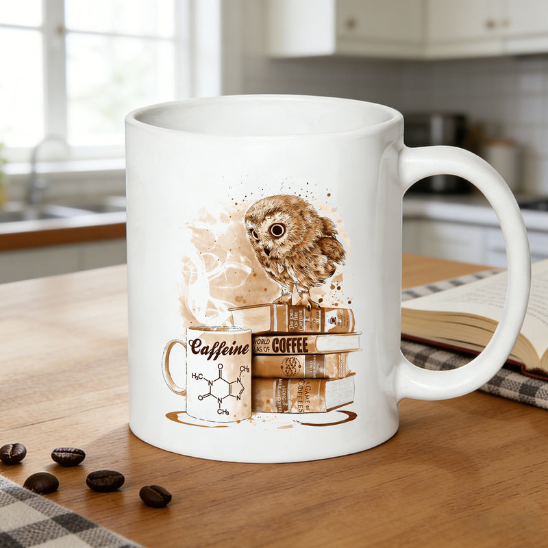 Tailorly White Ceramic 11 oz Mug - watercolor owl on coffee books