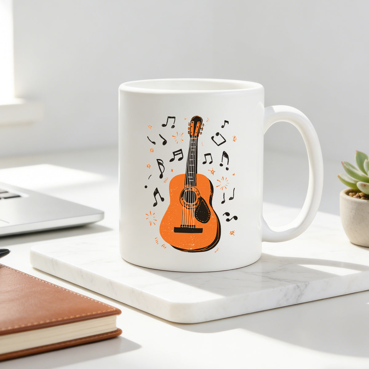 Tailorly White Ceramic 11 oz Mug - vintage orange guitar with music notes