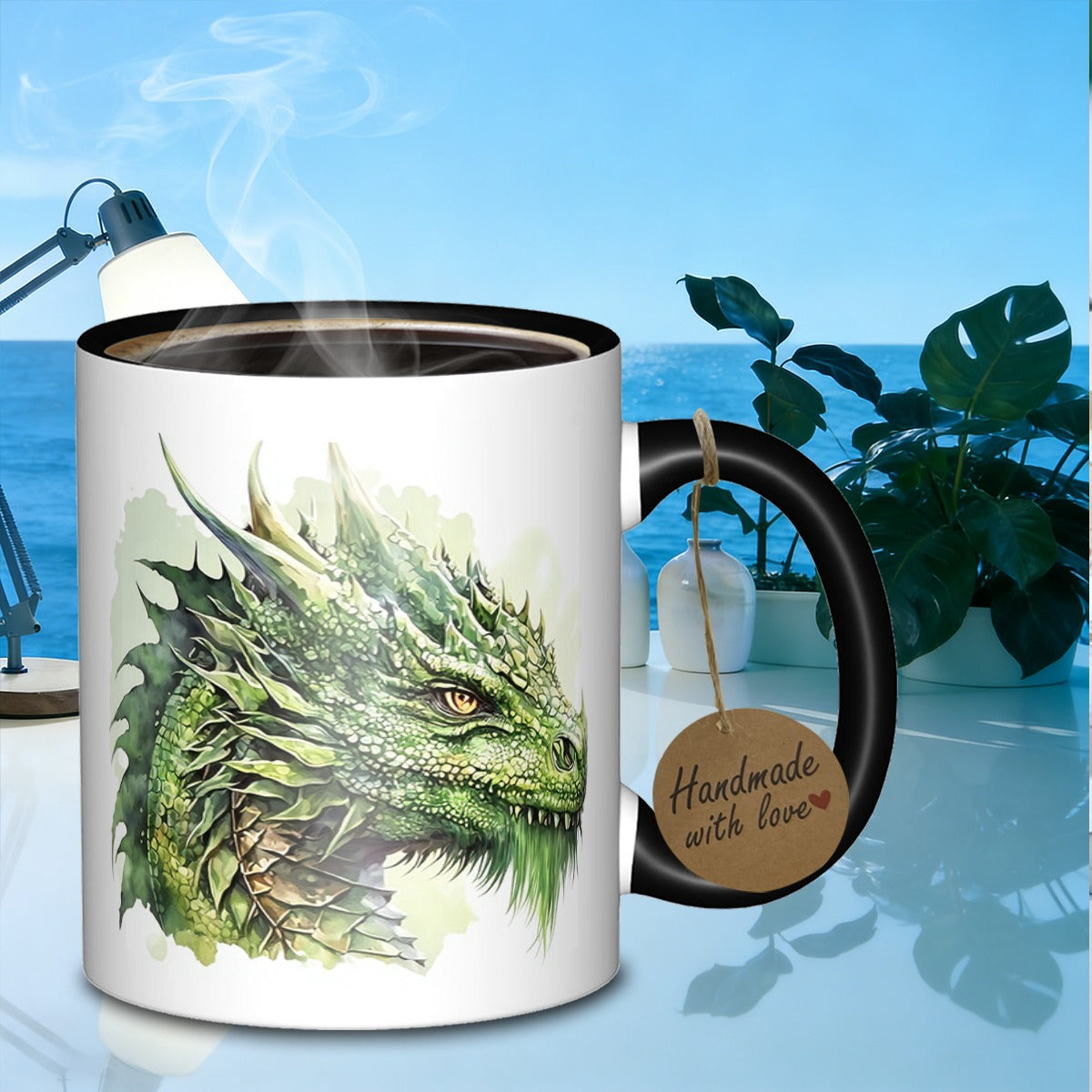 Tailorly Black Accent 11 oz Mug - green dragon portrait galaxy