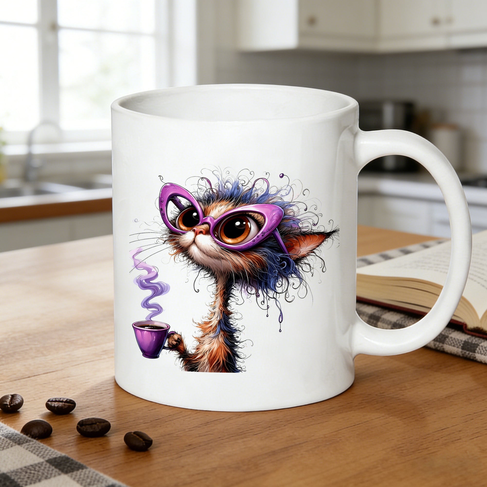 Tailorly White Ceramic 11 oz Mug - cat with a coffee cup