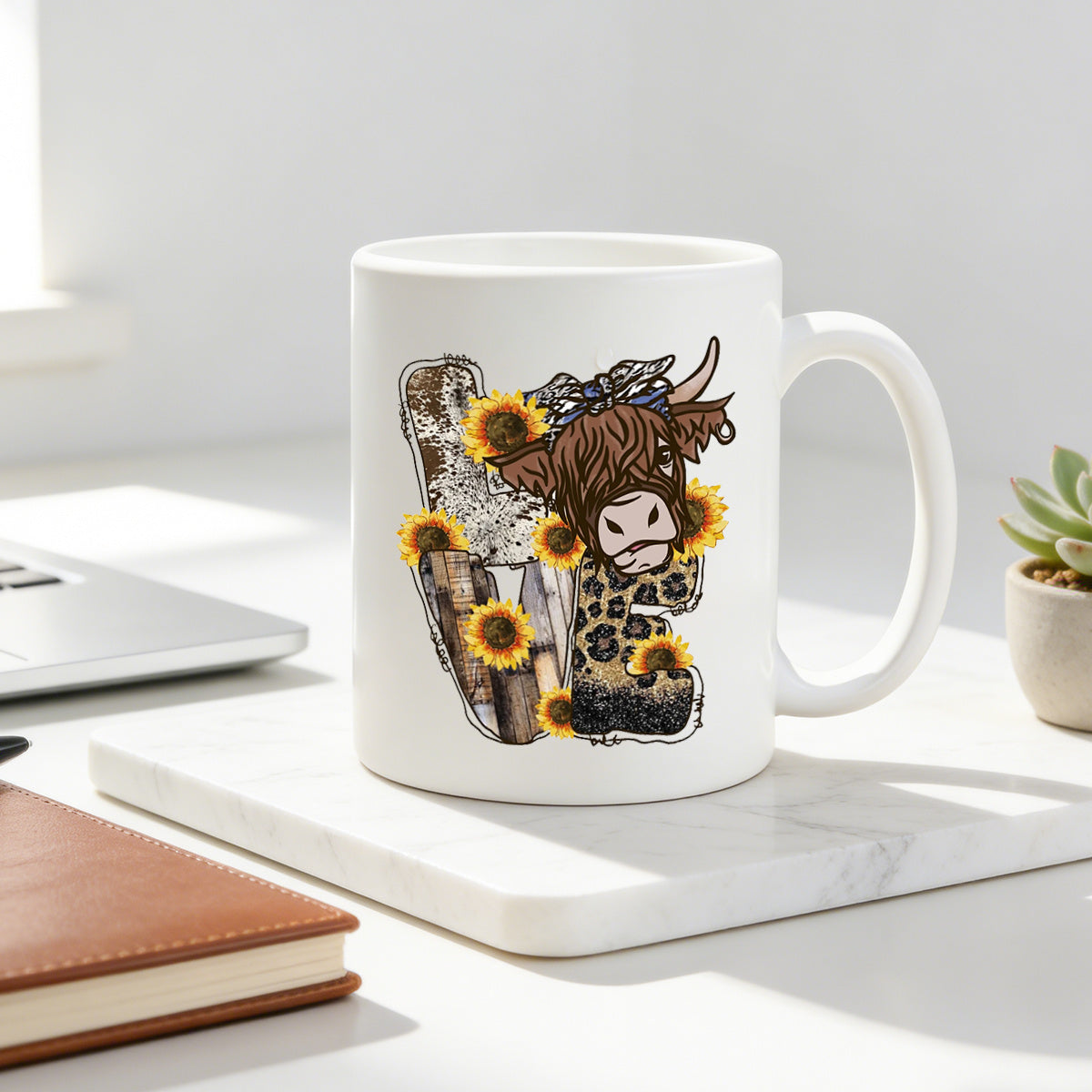 Tailorly White Ceramic 11 oz Mug - 11oz love highland cow sunflower coffee mug rustic farmhouse leopard print graphic cup adorable mug for perfect gift