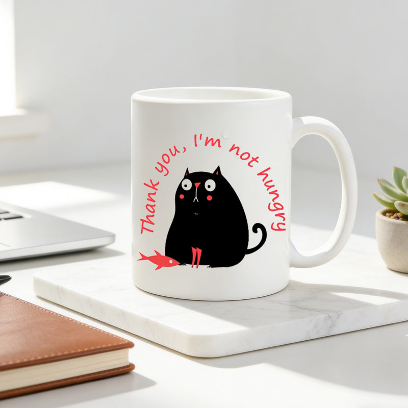 Tailorly White Ceramic 11 oz Mug - black cat with "thank you im not hungry" text