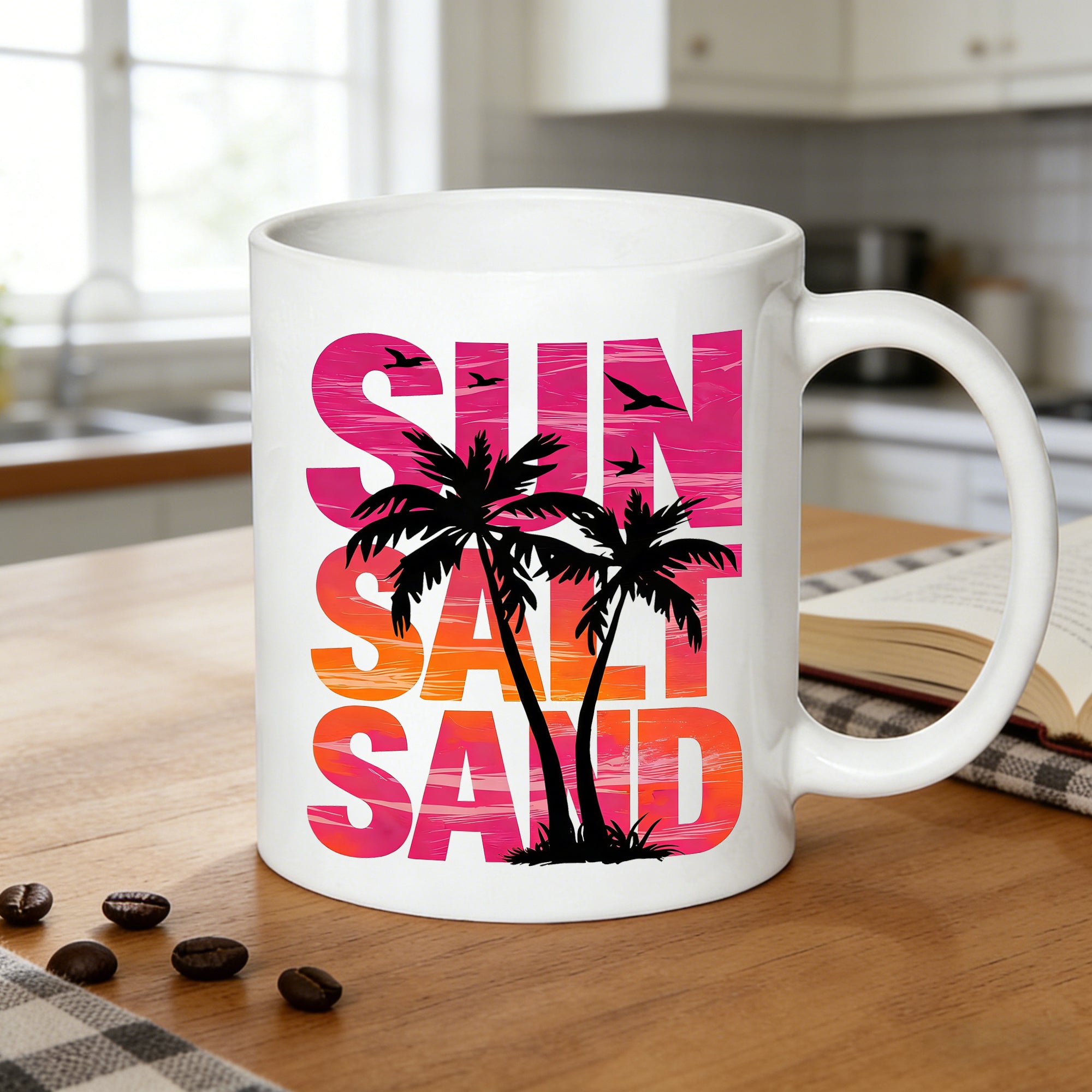 Tailorly White Ceramic 11 oz Mug - tree sunset design beach