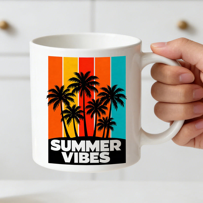 Tailorly White Ceramic 11 oz Mug - palm tree with 70s striped design