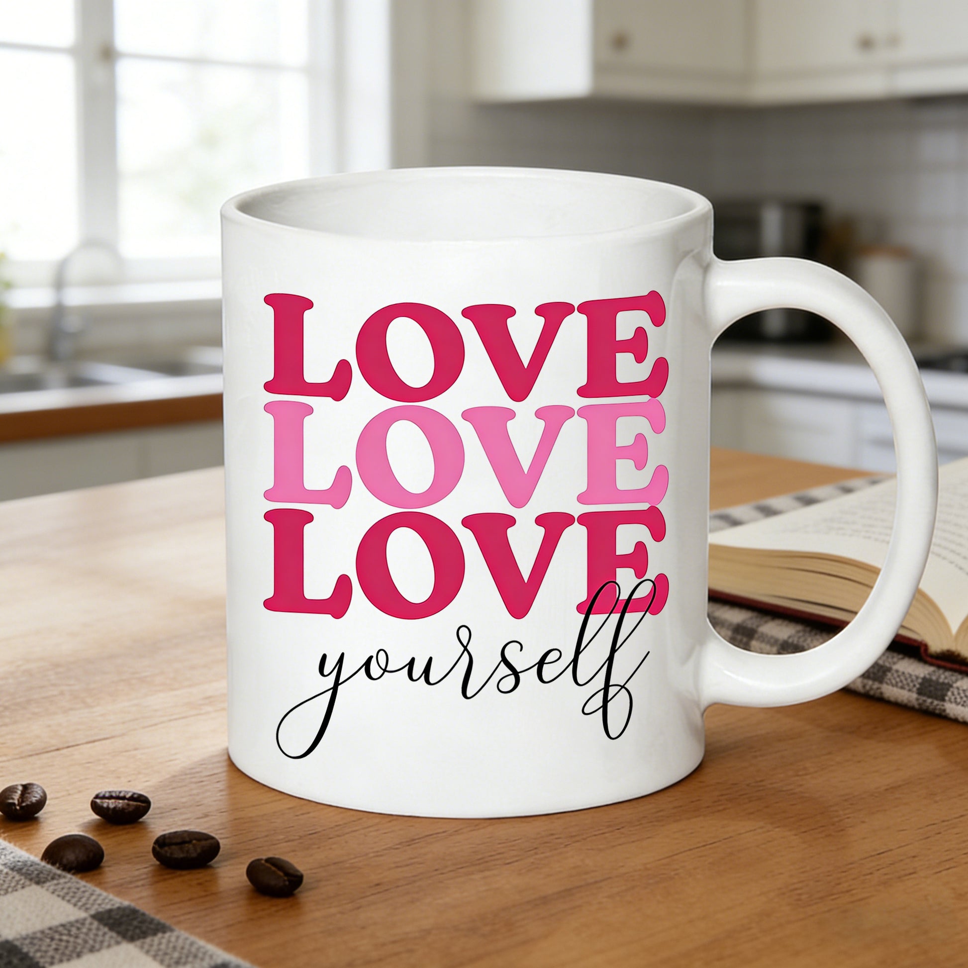 Tailorly White Ceramic 11 oz Mug - pink gradient with self love quote