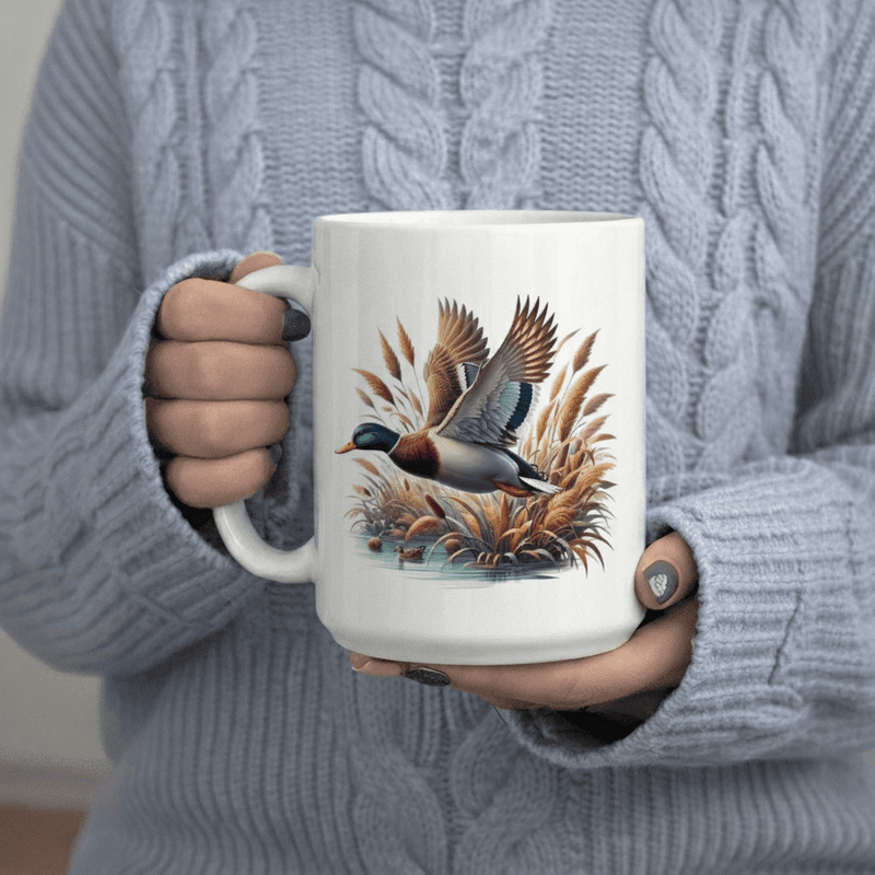 Tailorly White Ceramic 11 oz Mug - Mallard Duck over reeds and water