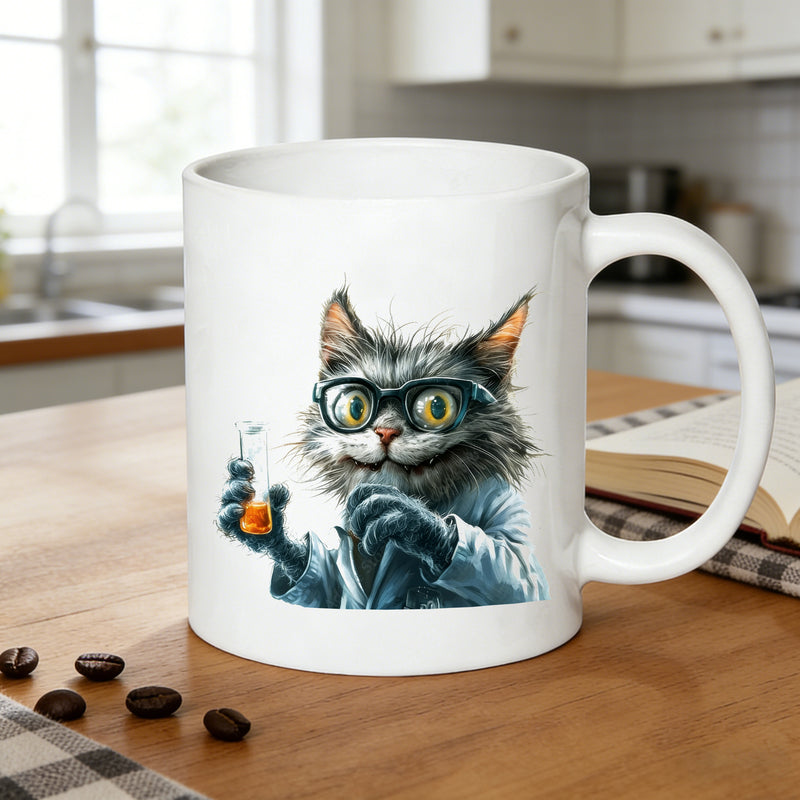 Tailorly White Ceramic 11 oz Mug - realistic lab cat with test tube