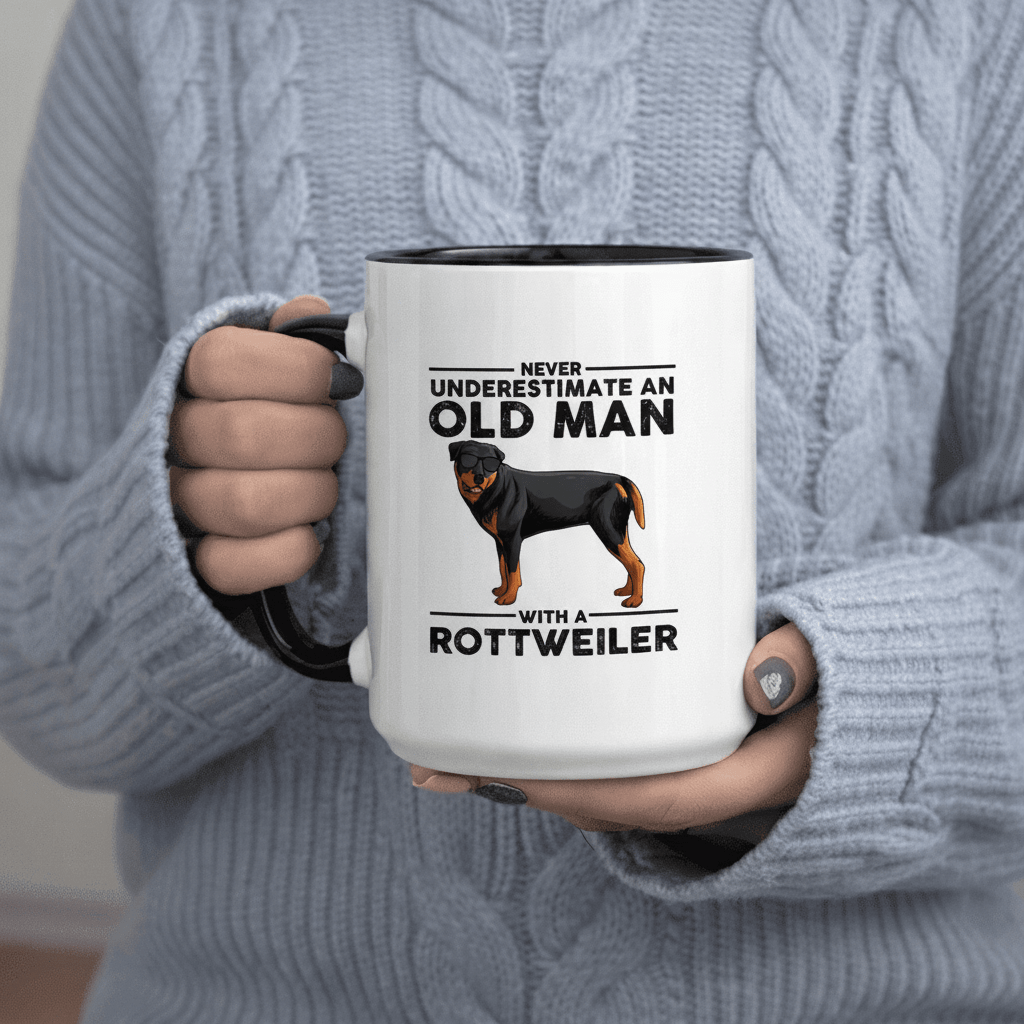 Tailorly Black Accent 11 oz Mug - Never an Old Man with A Rottweiler text and Rottweiler image