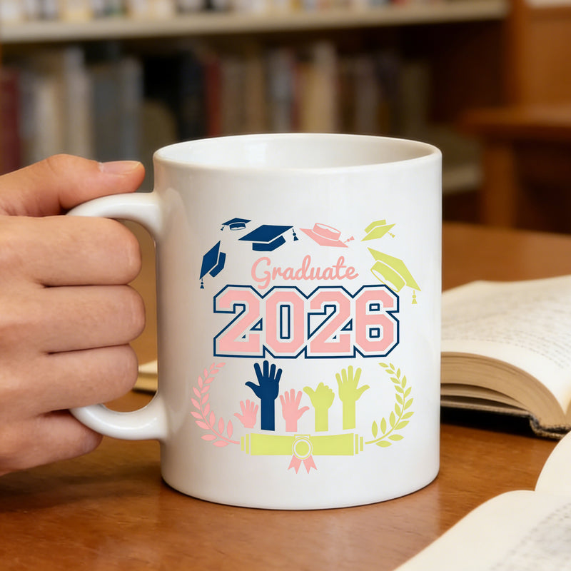 Tailorly White Ceramic 11 oz Mug - graduation cap raised hand pattern