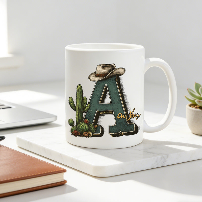Tailorly White Ceramic 11 oz Mug - western letter A and vintage cowboy hat with cactus print