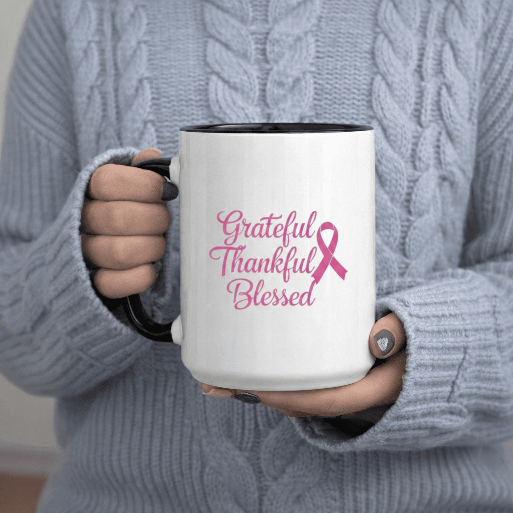 Tailorly Black Accent 11 oz Mug - Grateful Thankful Blessed Breast Awareness text