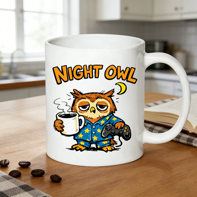 Tailorly White Ceramic 11 oz Mug - pajamas with coffee and game controller illustration