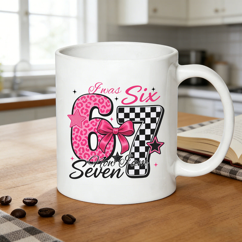 Tailorly White Ceramic 11 oz Mug - "i used to be six but now im 7th birthday" text print