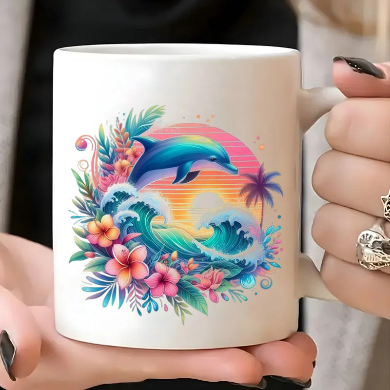 Tailorly White Ceramic 11 oz Mug - vibrant retro sunset jumping dolphin tropical floral ocean beach vacation