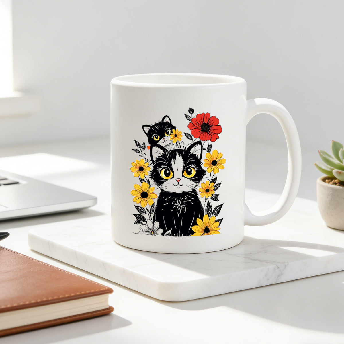 Tailorly White Ceramic 11 oz Mug - sunflower themed cat illustration
